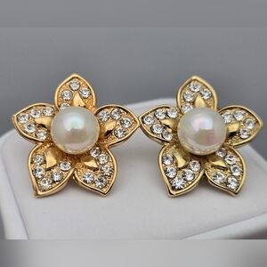 Gold Faux Pearl Diamond Flower Earrings Vintage Park Lane